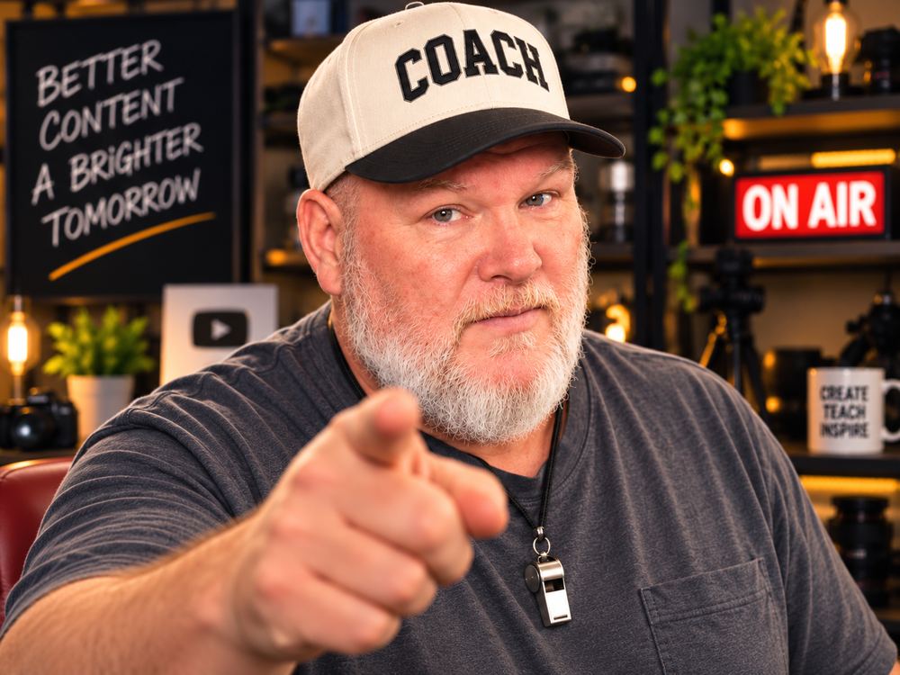 Jeff King in his studio wearing a COACH hat and whistle